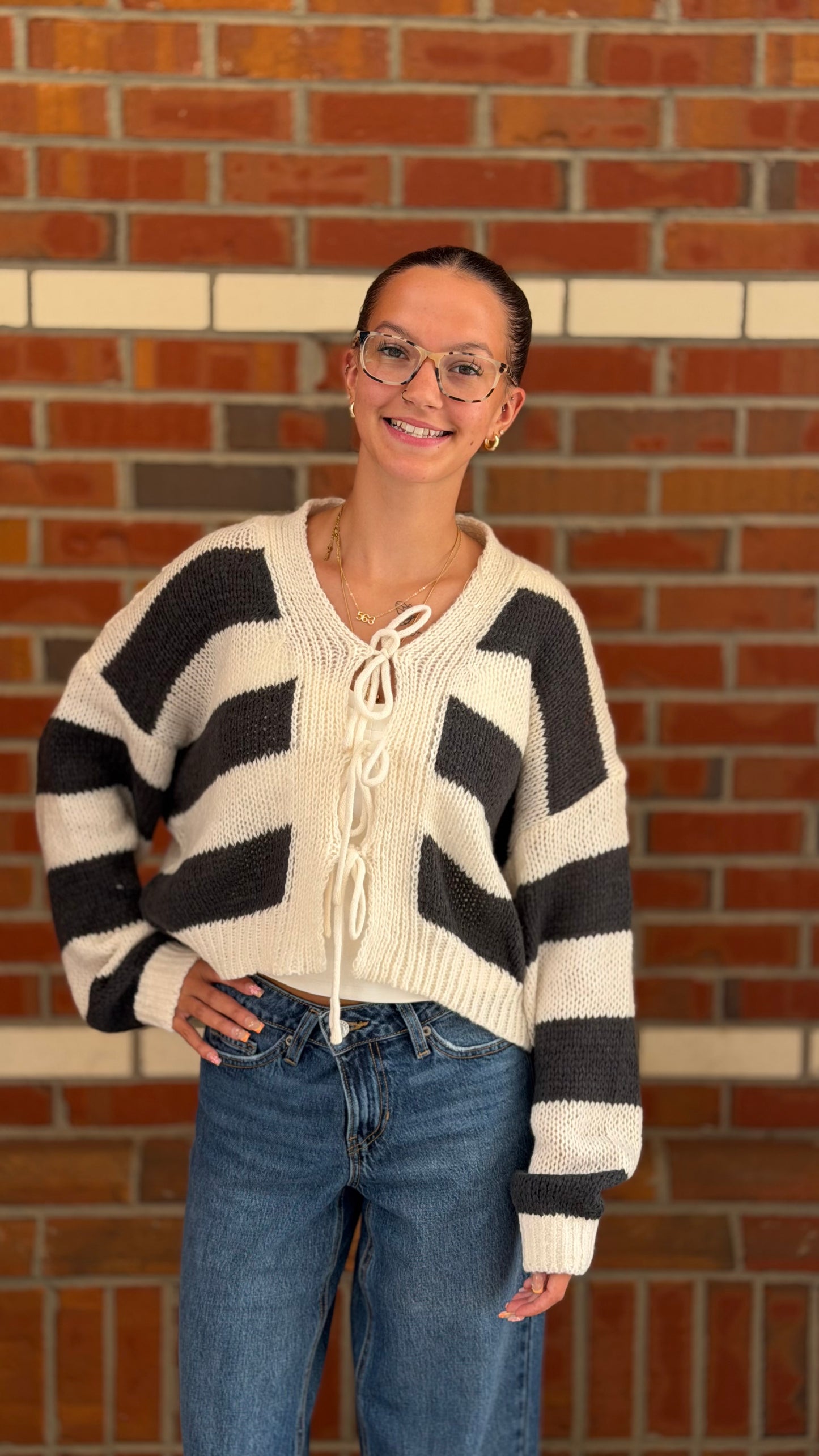 Stormy Skies Tie Front Sweater