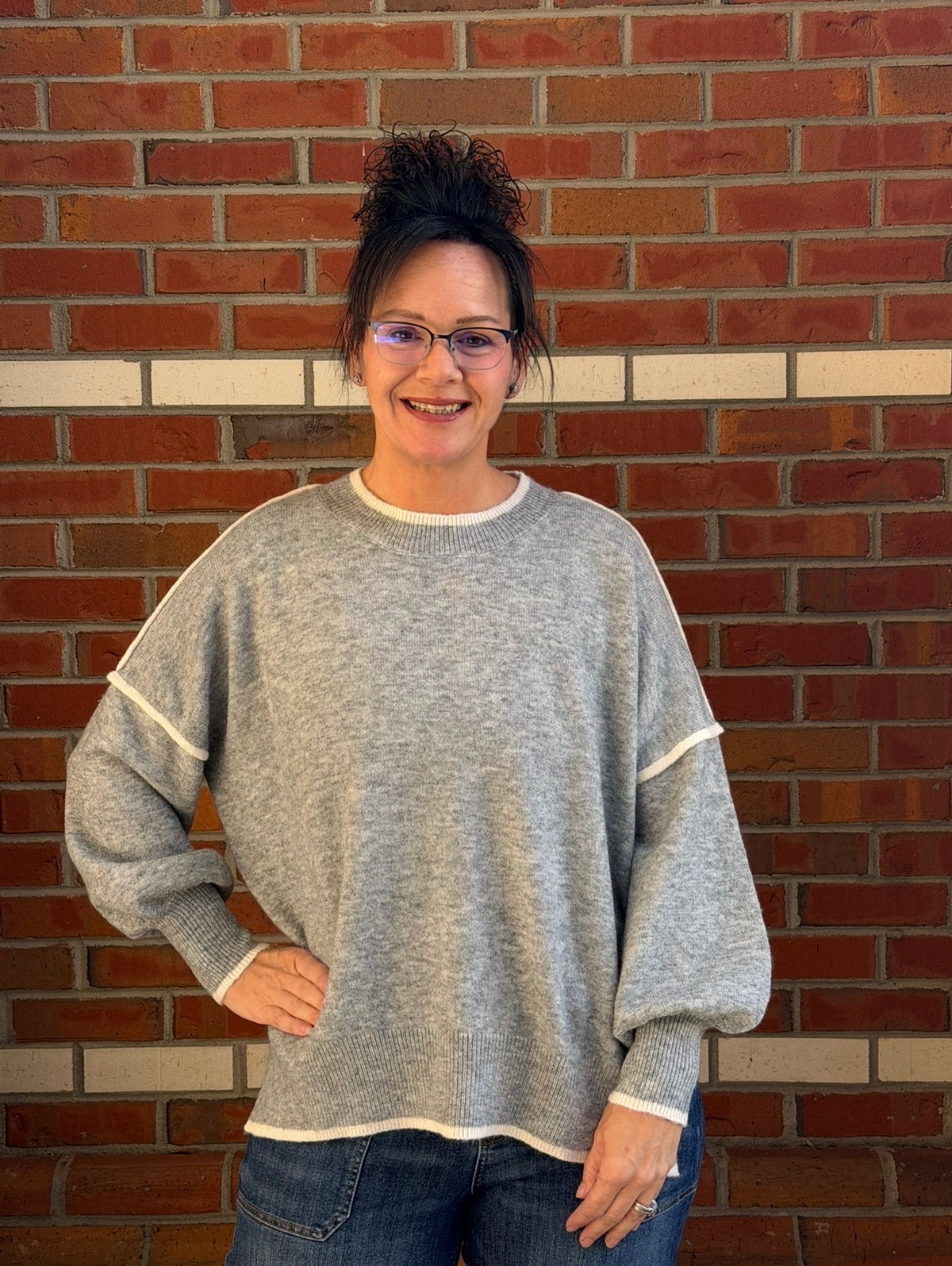 Cloud Nine – Gray & White Contrast Bubble Sleeve Sweater