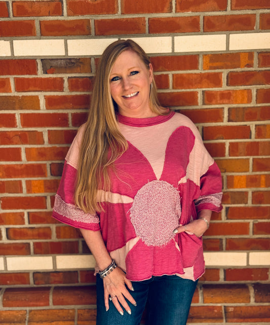 Petal Push Oversized Pink Floral Patch Top by Oli & Hali