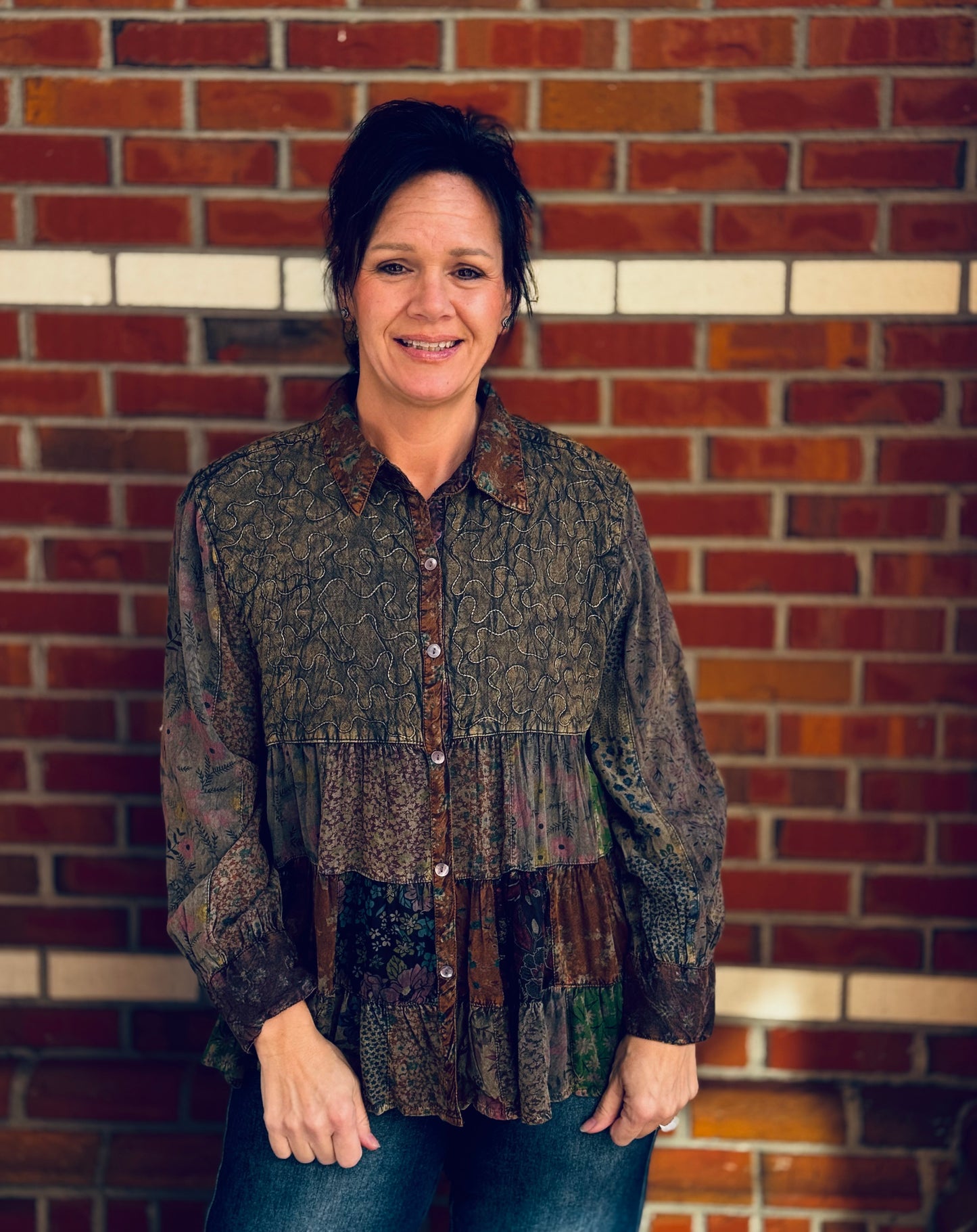 Amber Glow Blooms Button Down