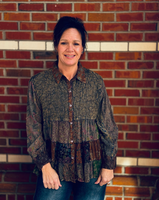 Amber Glow Blooms Button Down