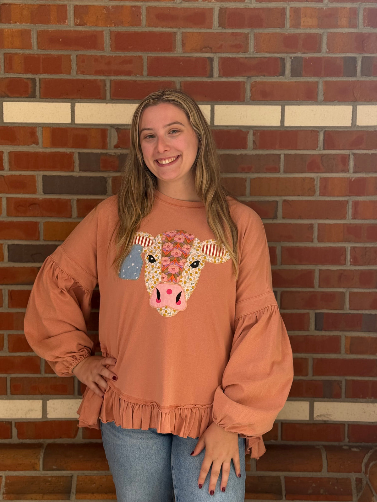 Marsala Moo Oversized Cow Patch Top
