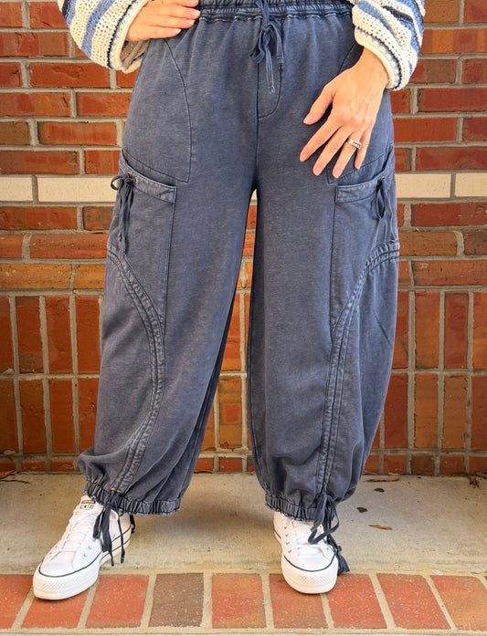 On Repeat – Dark Blue Barrel-Leg Cargo Pants 💙