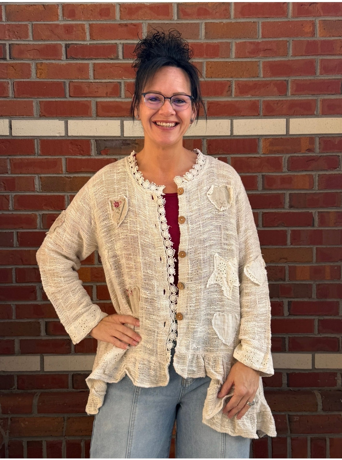 Heartland Honey – POL Heart Patch Woven Cardigan